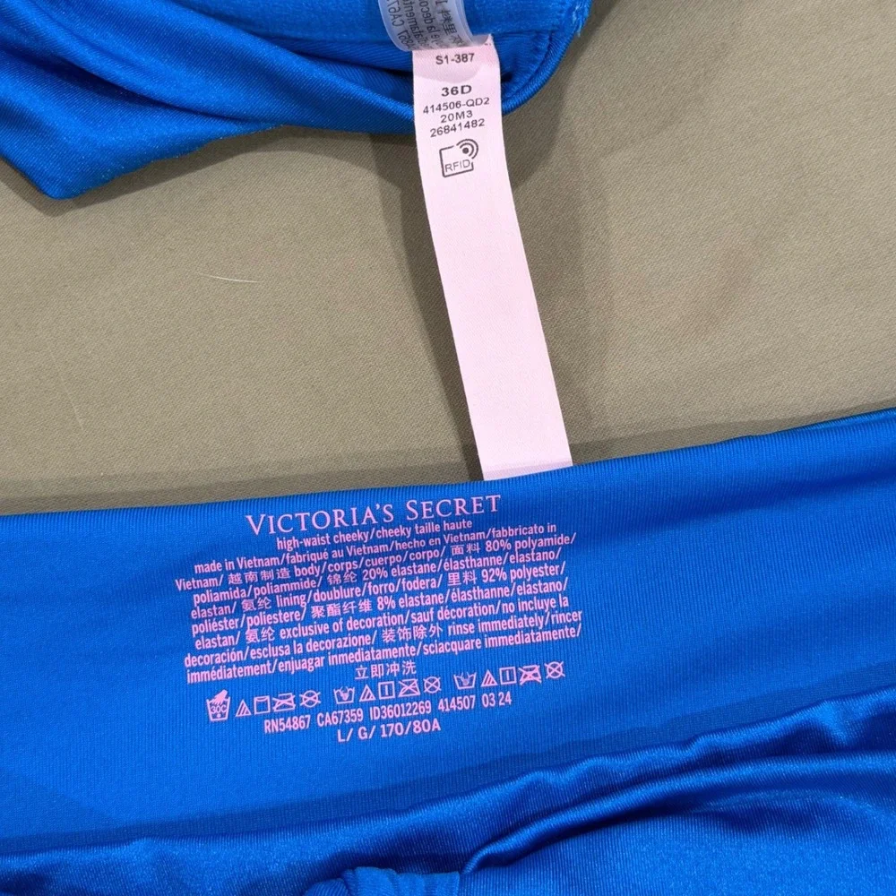 Victoria's Secret Swim Bikini Set Top Bottom Large Blue 36D Push Up Cheeky NEW - Picture 7 of 7